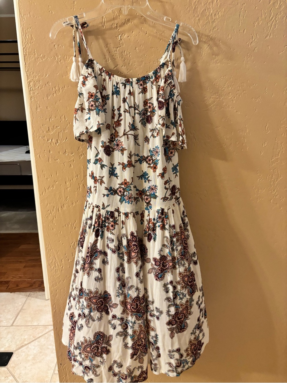 Aqua Cream Midi Dress with Blue & Brown Floral Motif